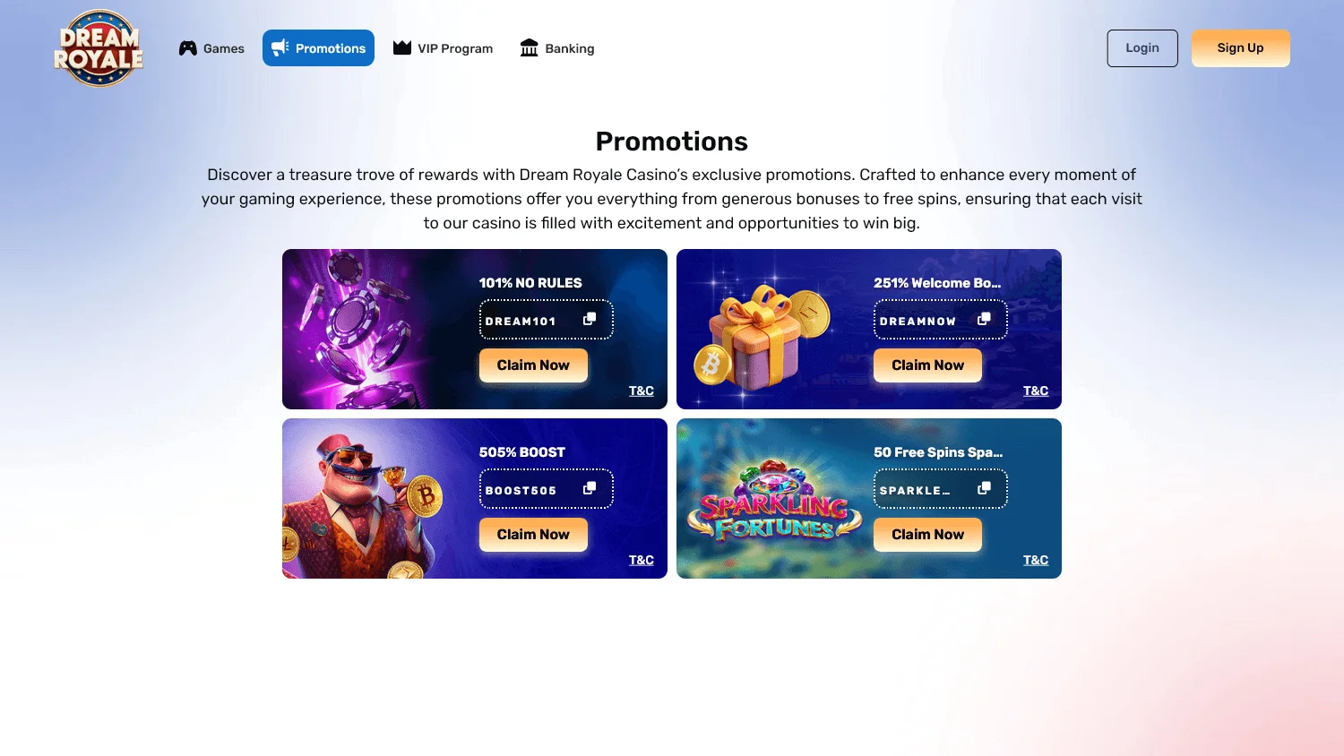 Dream Royale Casino desktop promotions area showing bonus offers and free spins