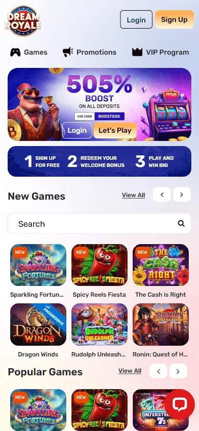 Dream Royale Casino mobile browser home screen on an iOS or Android device