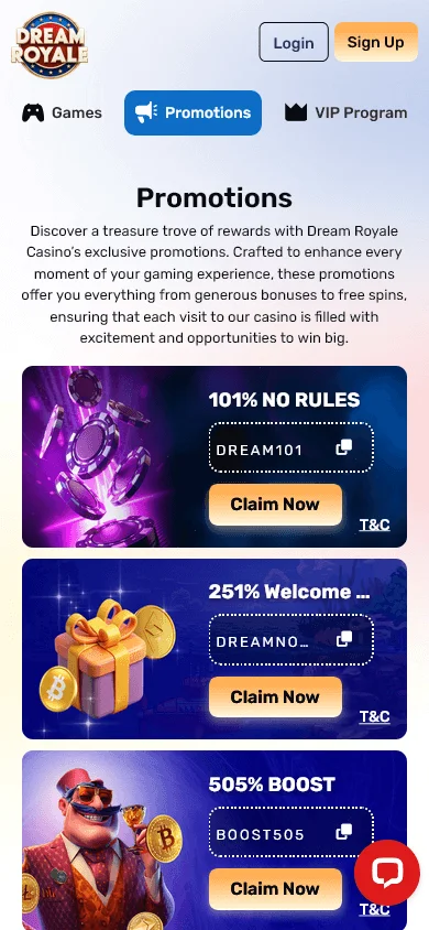 Dream Royale Casino mobile browser promotions area with bonus codes and free spins