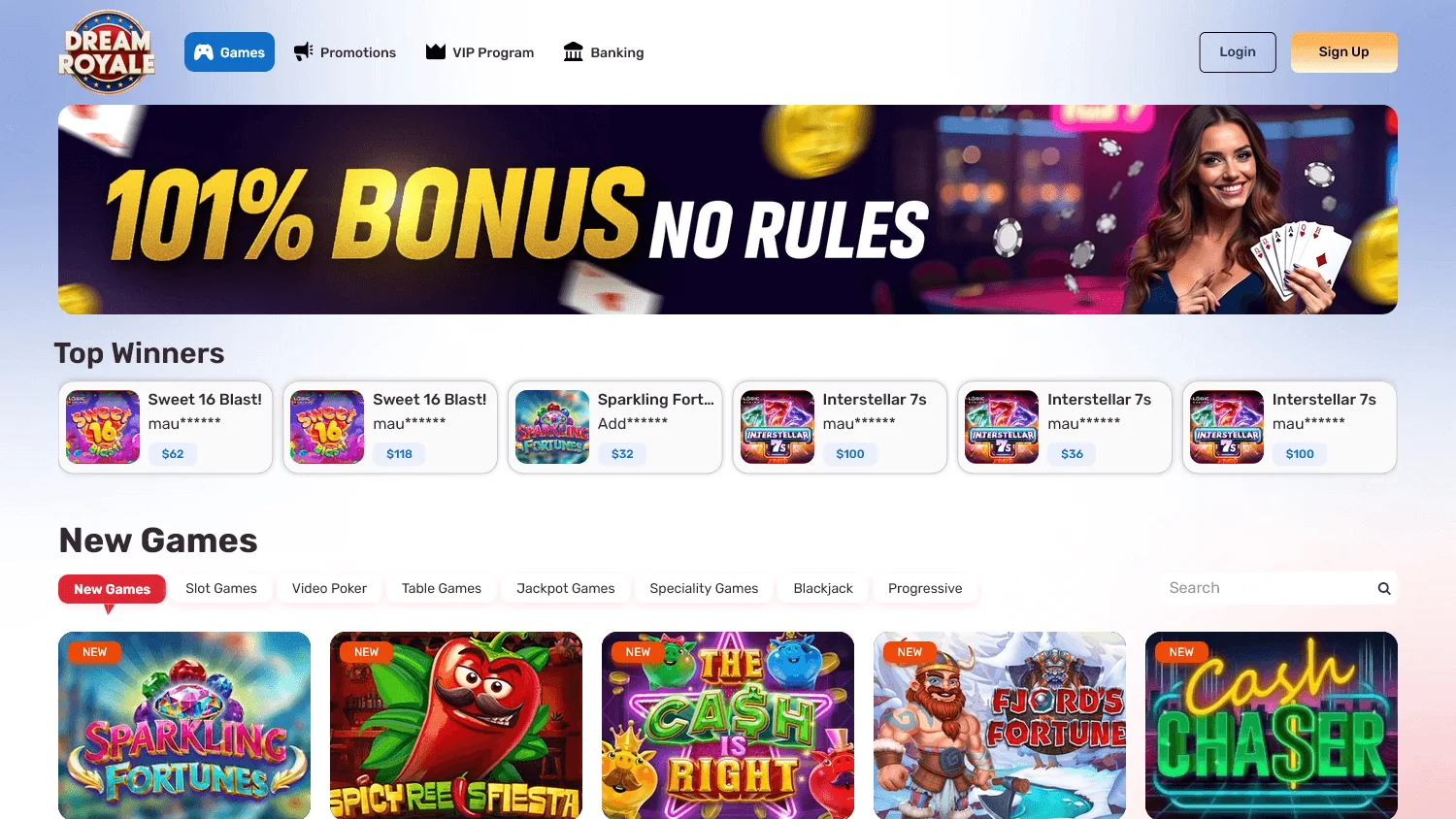 Dream Royale Casino desktop games area with pokies, table games and video poker categories
