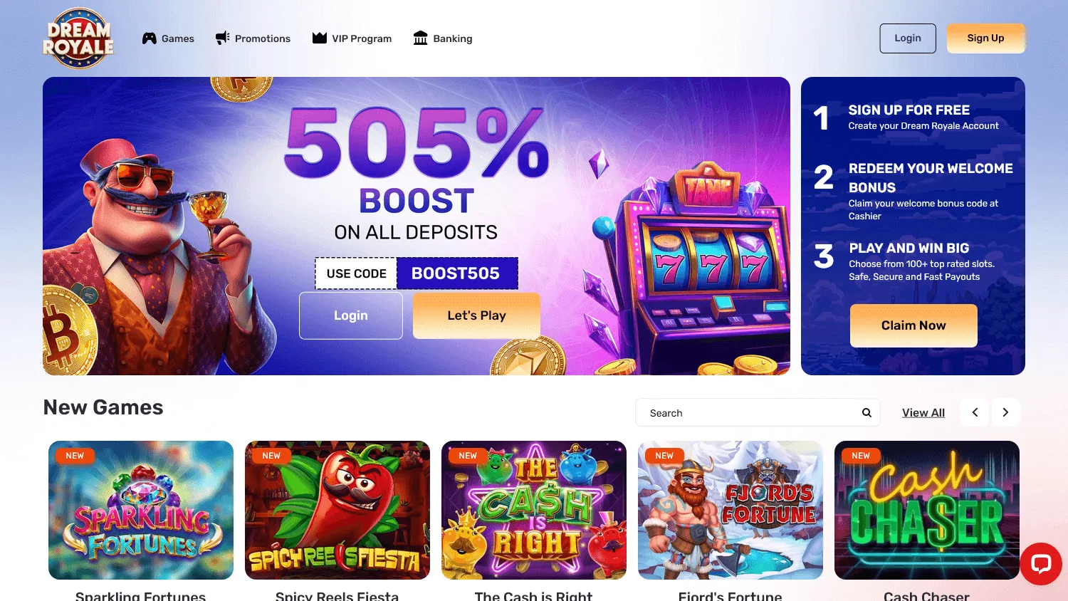 Dream Royale Casino desktop home screen with the casino welcome offer and account area