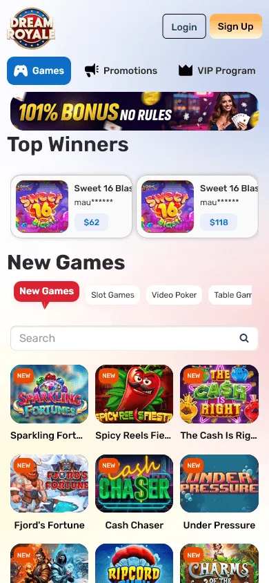 Dream Royale Casino mobile browser games area with casino categories